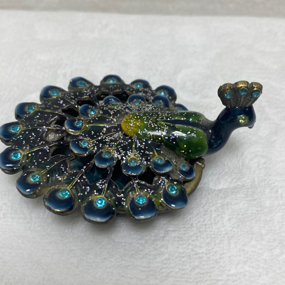 Peacock Trinket Box Magnetic Enamel Jeweled Decorative Figurine Blue Green